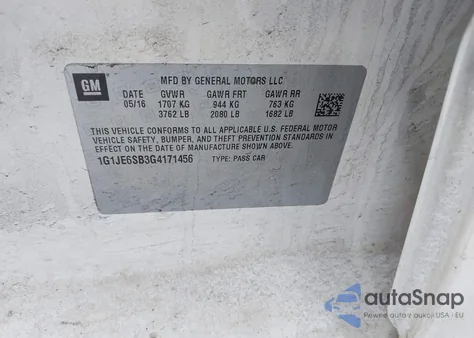 2016 Chevrolet Sonic Ltz Auto z USA, uszkodzony, nr VIN 1G1JE6SB3G4171456